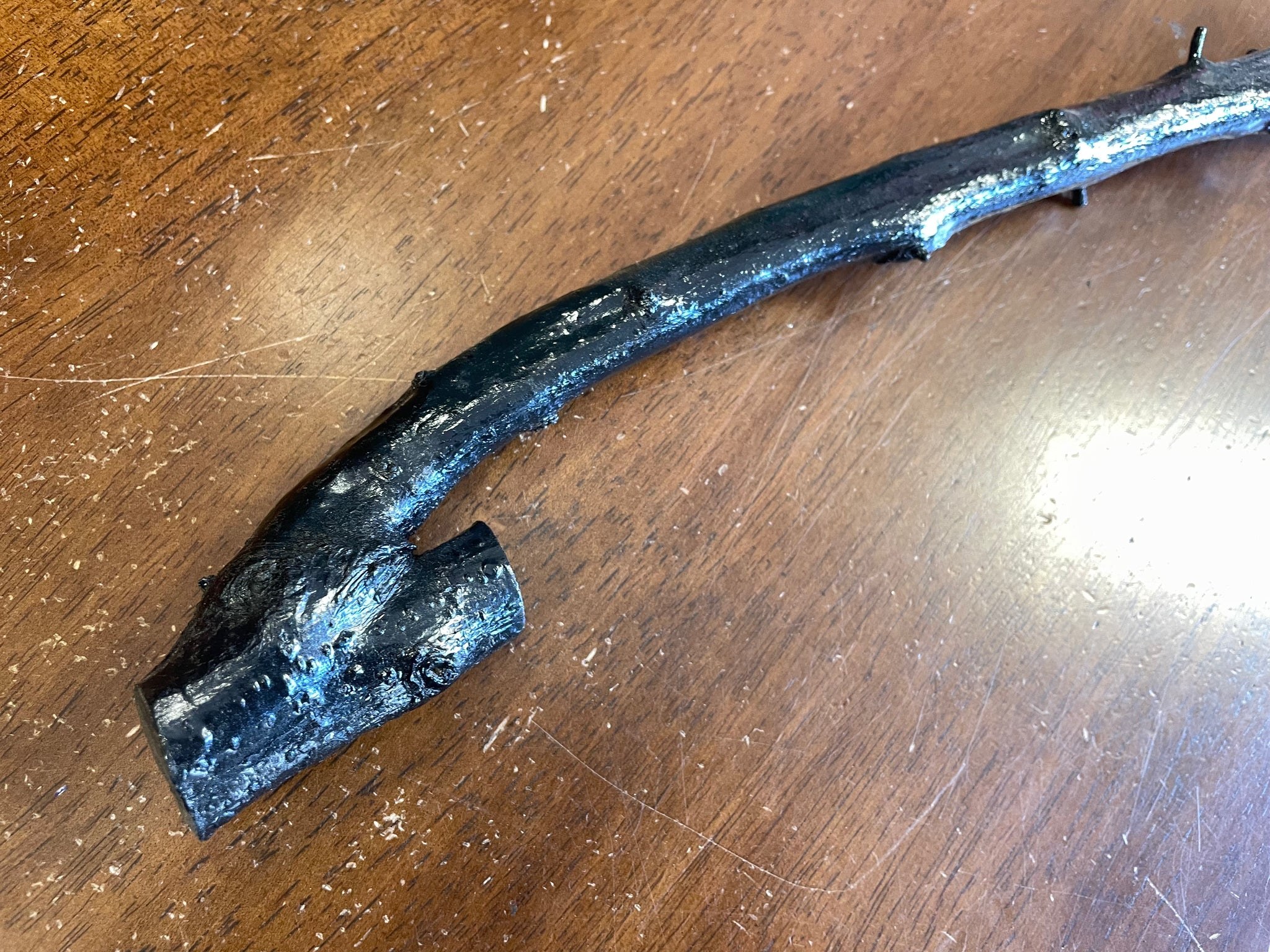A close view of a finished blackthorn walking stick laid on a polished surface, showing the dark heartwood and the small raised nubs along the trunk where thorns once stood out.