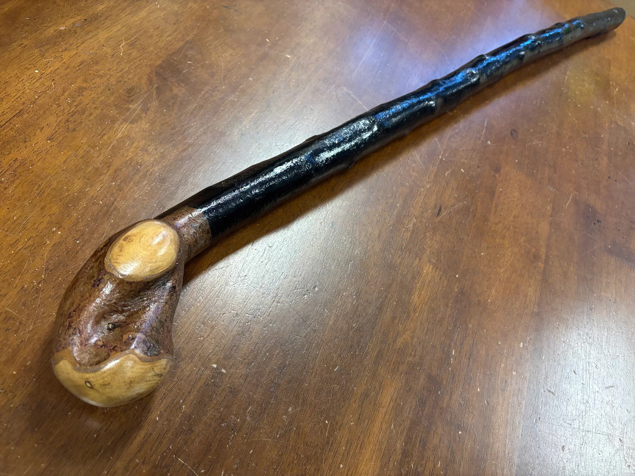 A long, dark walking stick laid diagonally across a wood floor, the dark blackthorn shaft showing the trimmed thorn-nubs along its length and a gentle taper toward a leather-strapped handle.