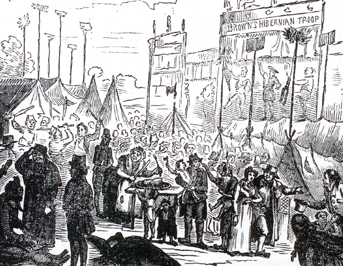 A nineteenth-century engraving of a fair scene with figures fighting in the foreground using long sticks, others gathered in groups around them, and stalls and tents in the background.