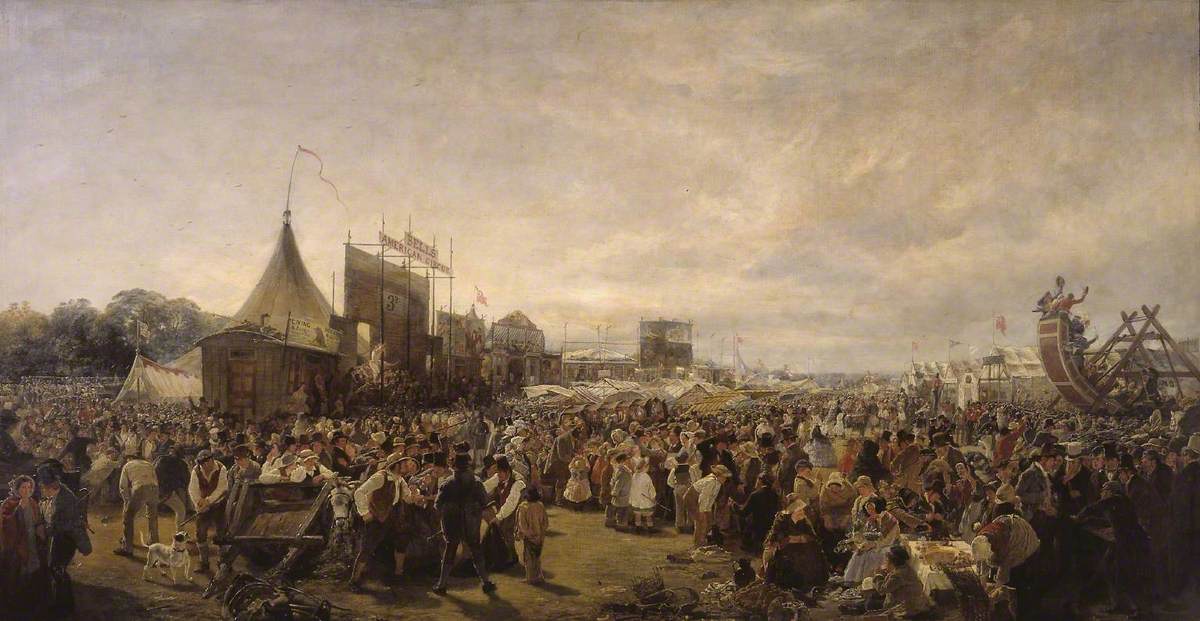 A nineteenth-century painting of a crowded Donnybrook Fair, with figures in the foreground in dark coats holding heavy sticks, raised arms, and a sense of imminent violence amid the festivity.
